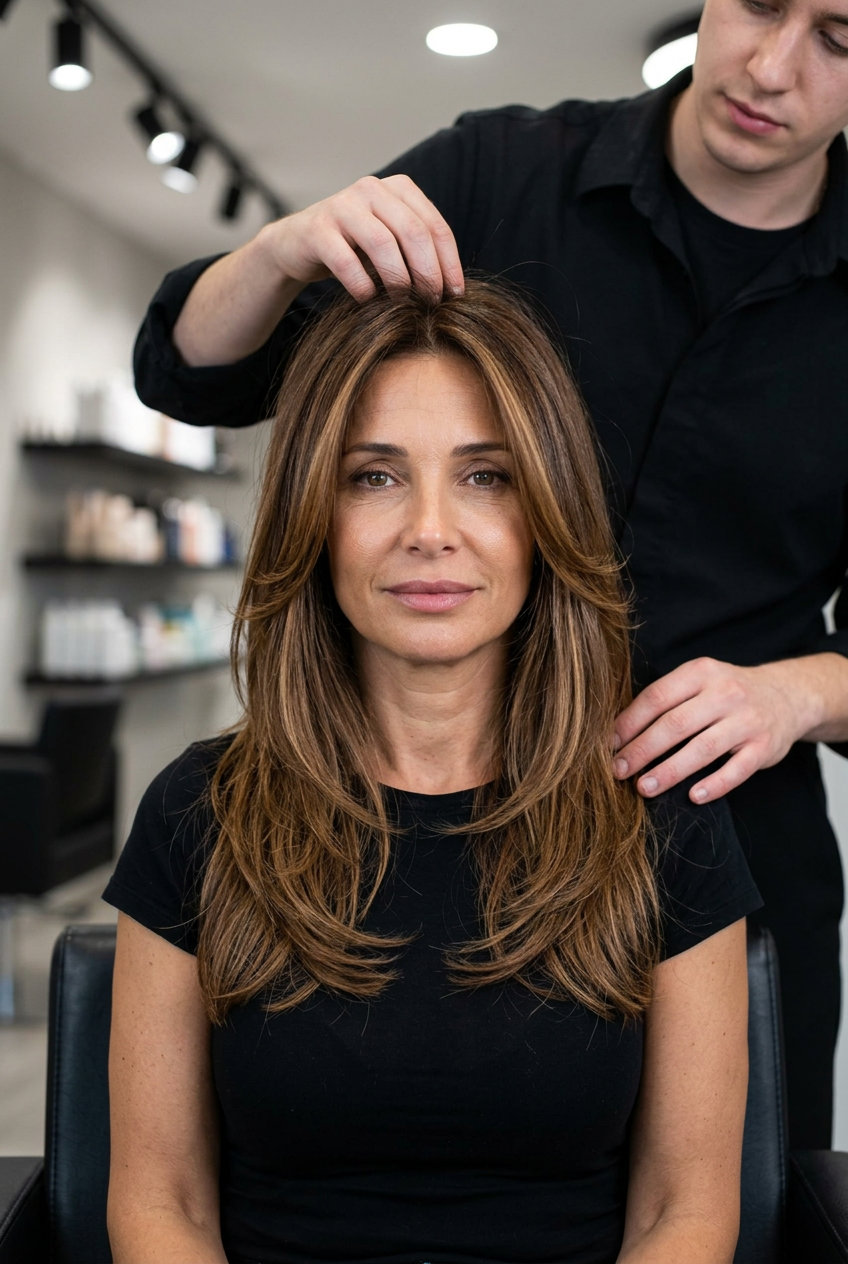 collarbone-length midi haircut in warm brunette with caramel and honey balayage for romantic style