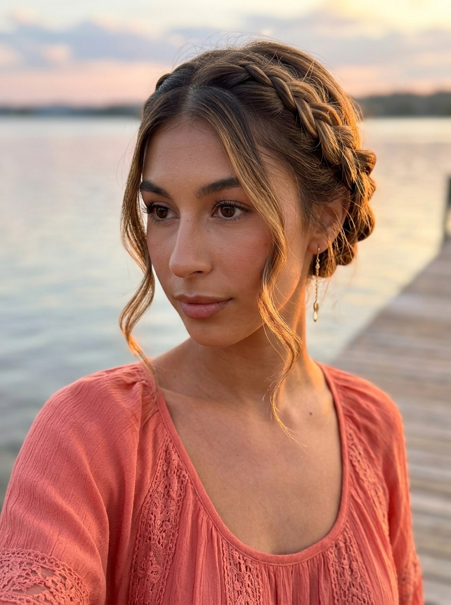 long braided hairstyle with natural brunette to honey blonde ombré, loose bohemian crown braid for summer festival