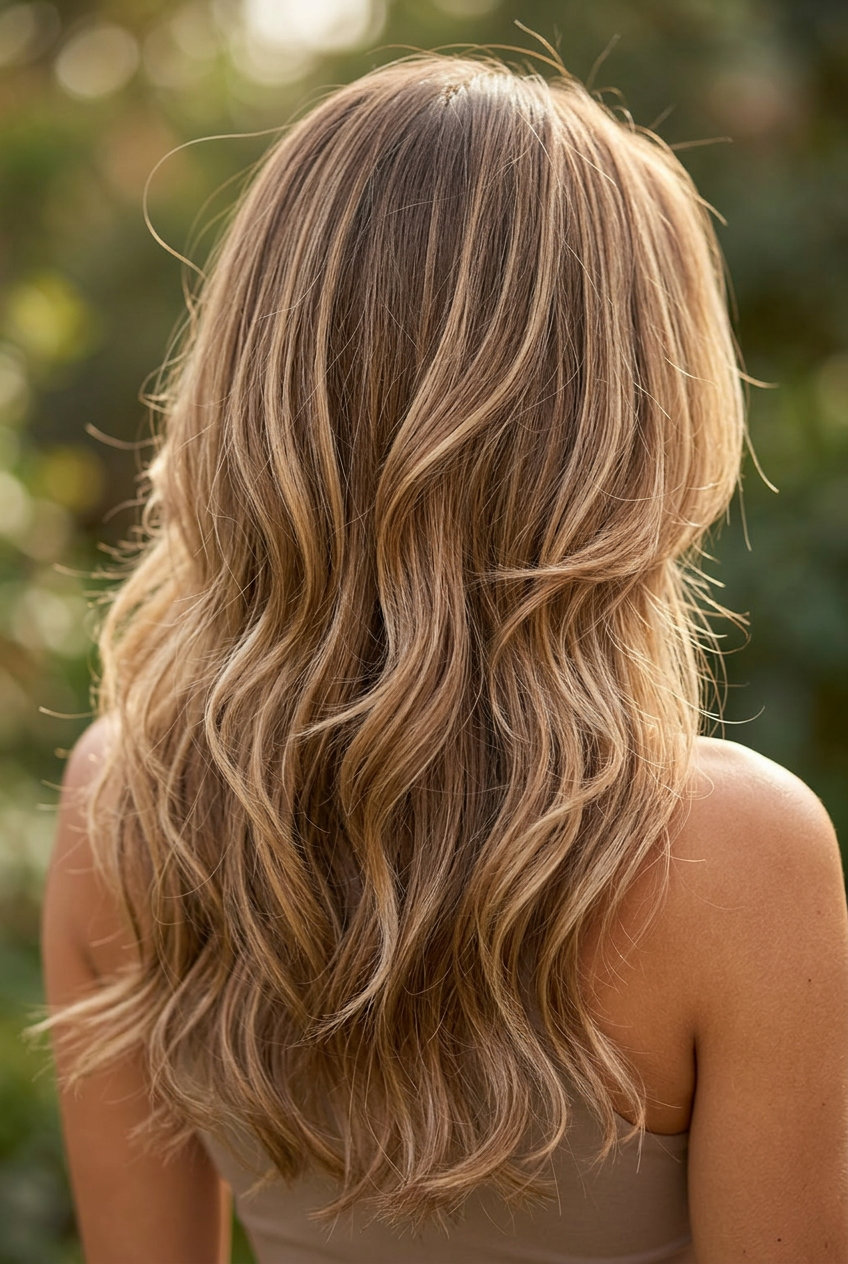 long layered cut with butter-toffee bronde and butterscotch babylights — romantic