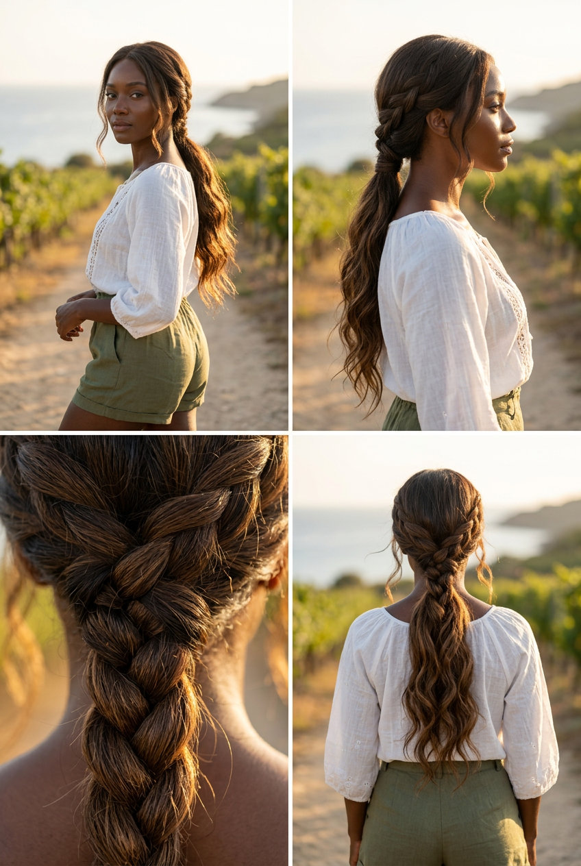 long multi-dimensional brunette wavy braided ponytail with loose waves for casual outings