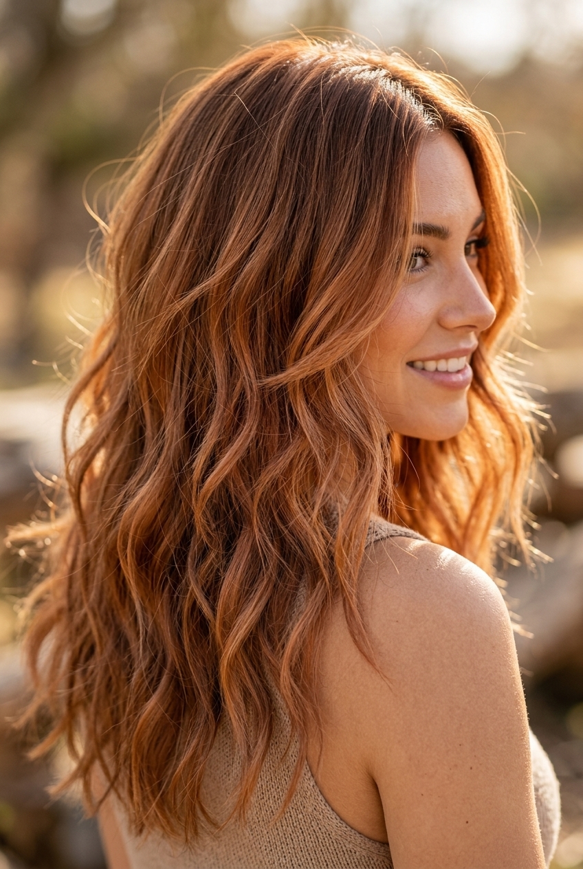 long wolf cut with warm brunette & copper/amber balayage, soft internal layers, U-shape back — bohemian