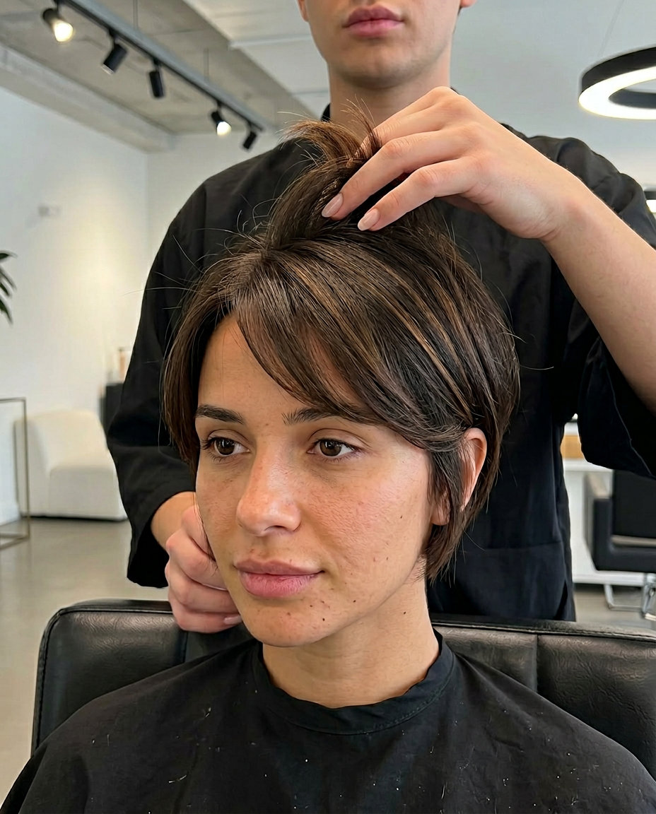 short sculpted bixie haircut with deep brunette & caramel lowlights, tapered nape & side-swept fringe for round faces
