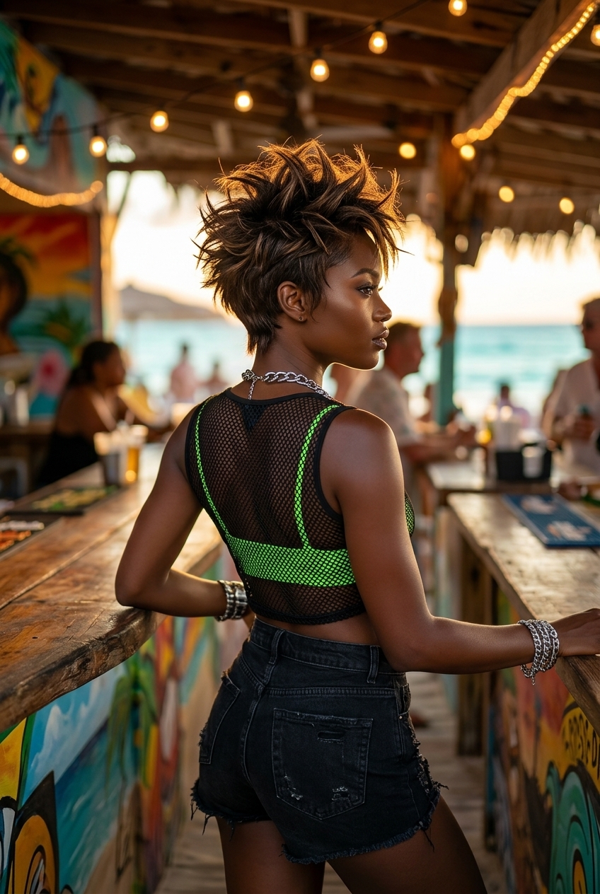 short brunette textured crop with piecey separation, no fringe — bold confident style