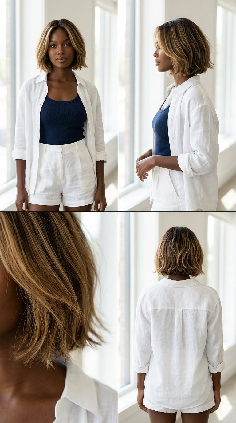 shoulder-length brunette matte bob with piecey ends, no fringe — minimalist chic style