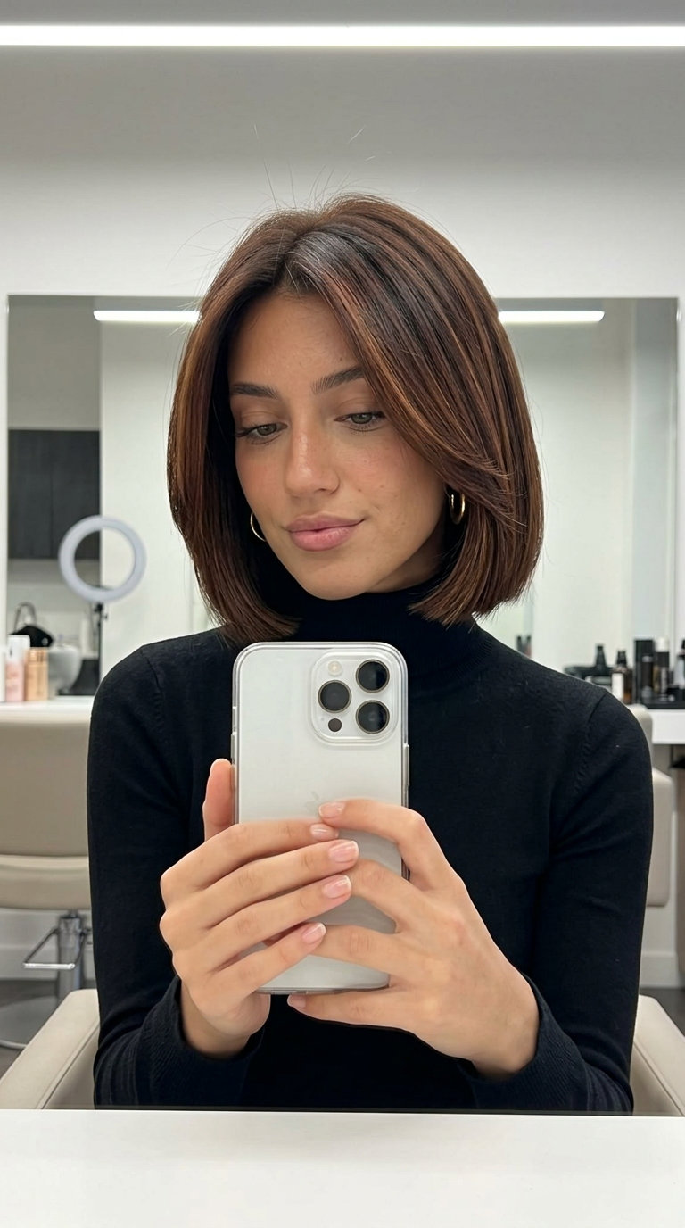 chin-length blunt bob with burnt sugar caramel midlights for professional events
