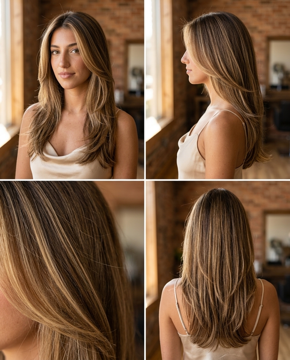 long layered hair with butter toffee caramel babylights for formal event