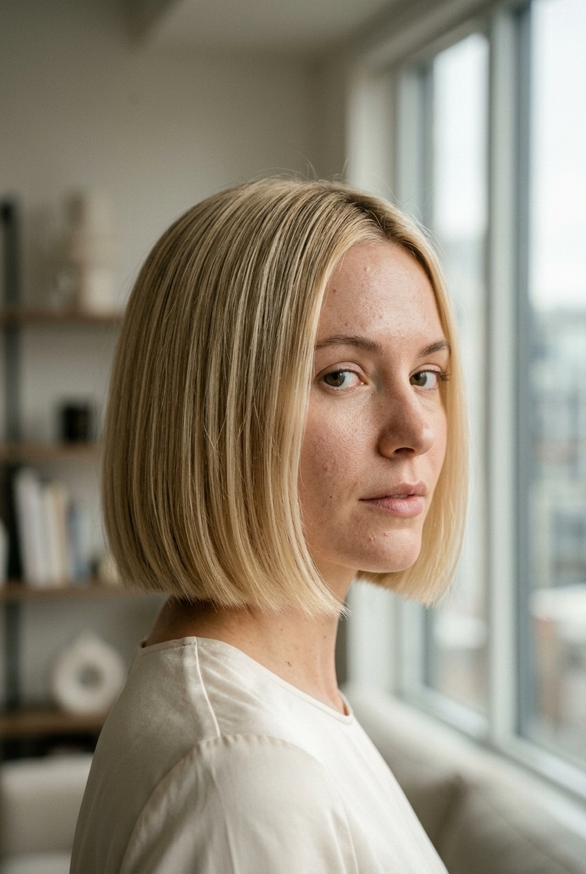 chin length blunt bob haircut in creamy buttercream blonde with babylights for french chic