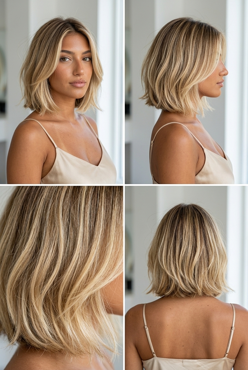chin-length wavy bob haircut in buttercream blonde with foilayage highlights for sun-kissed look