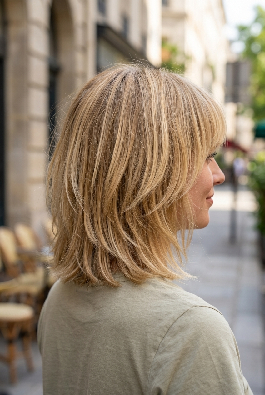 chin-length shag in buttercream blonde with golden root smudge, graduated layers, brow-grazing fringe — romantic playful look