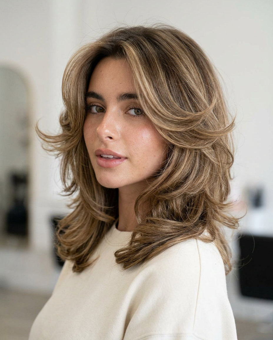 long buttercream blonde butterfly haircut with honey ribbons, golden root shadow — retro glamorous blowout