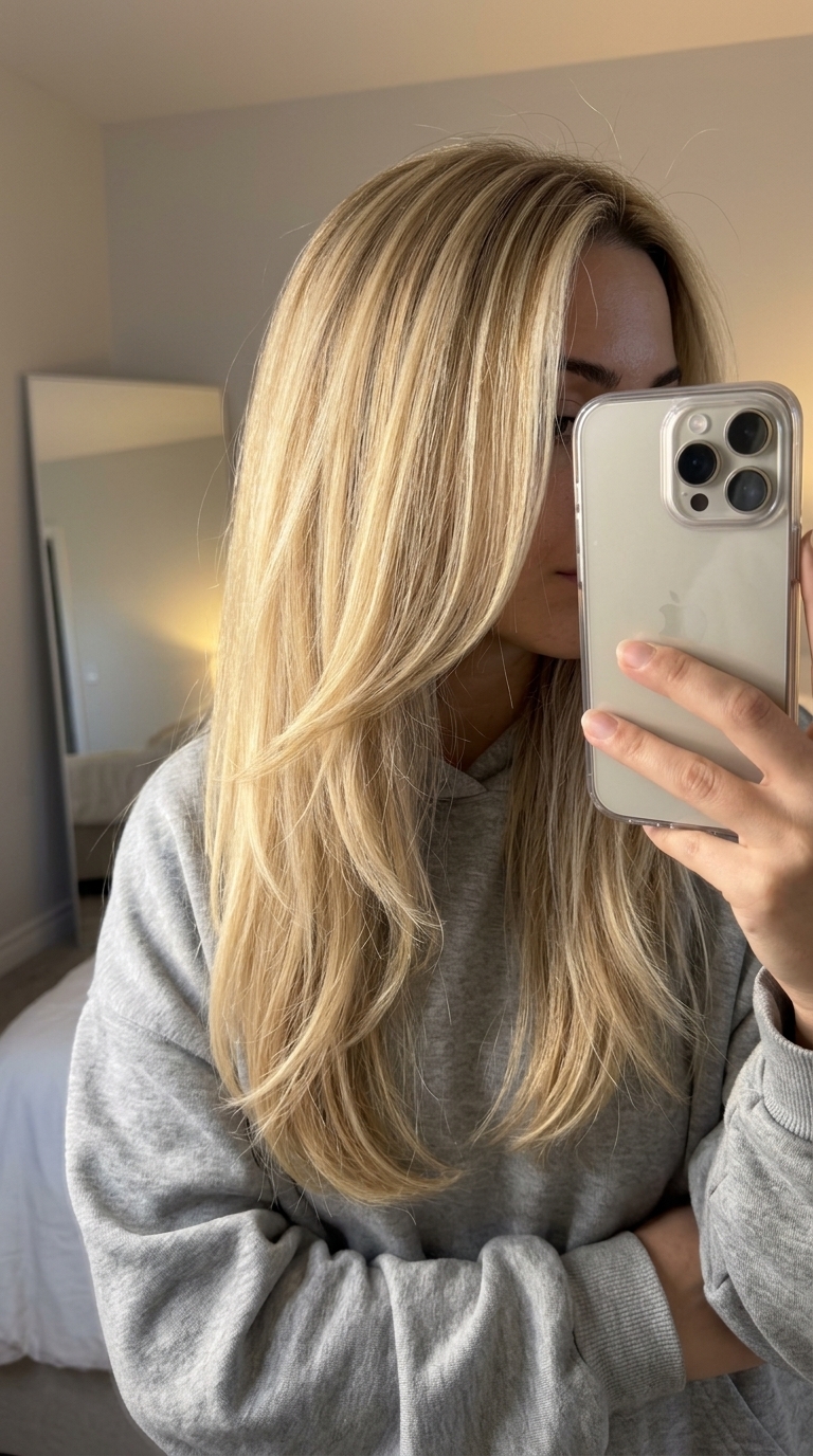 long ghost layer haircut in warm buttercream blonde with subtle golden babylights for summer 2026
