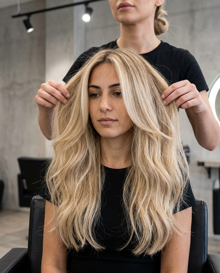long haircut with buttercream blonde and champagne gloss for ethereal look