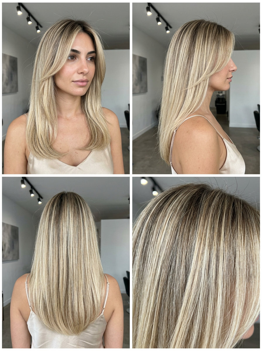 long layered haircut with buttercream blonde and honey lowlights for thin fine hair