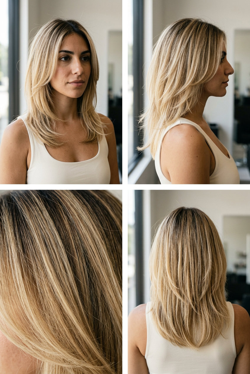 long layered haircut with buttercream blonde balayage and dark vanilla root for thin fine hair