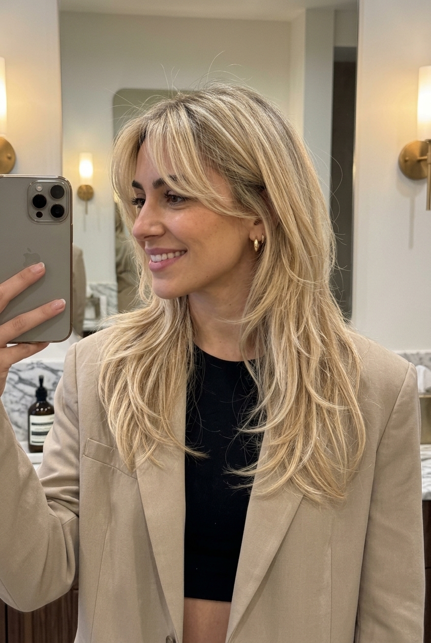 long shag haircut in buttercream blonde with honey lowlights and wispy curtain fringe 2026