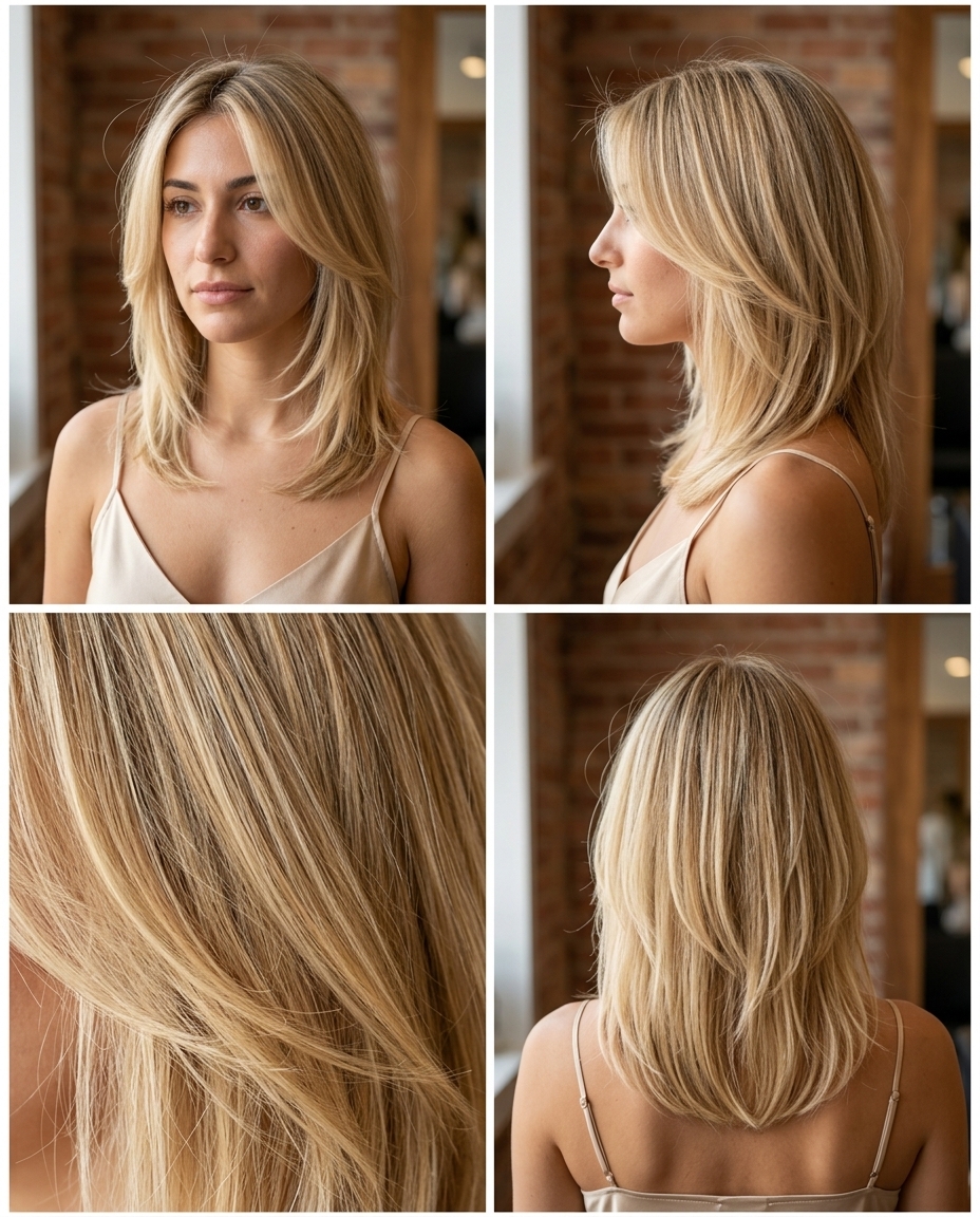medium bob haircut with buttercream blonde honey babylights and natural root for summer