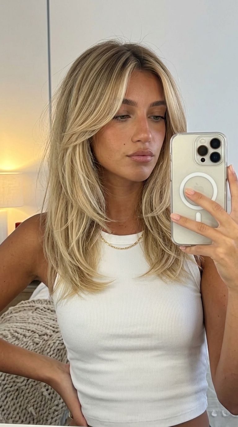 medium layered haircut in buttercream blonde balayage with curtain bangs for summer