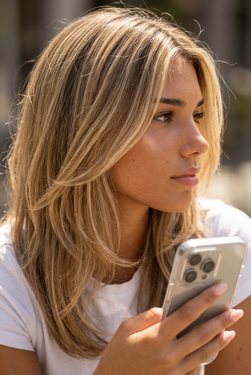 medium layered haircut with creamy buttercream blonde babylights and face-framing pieces for summer