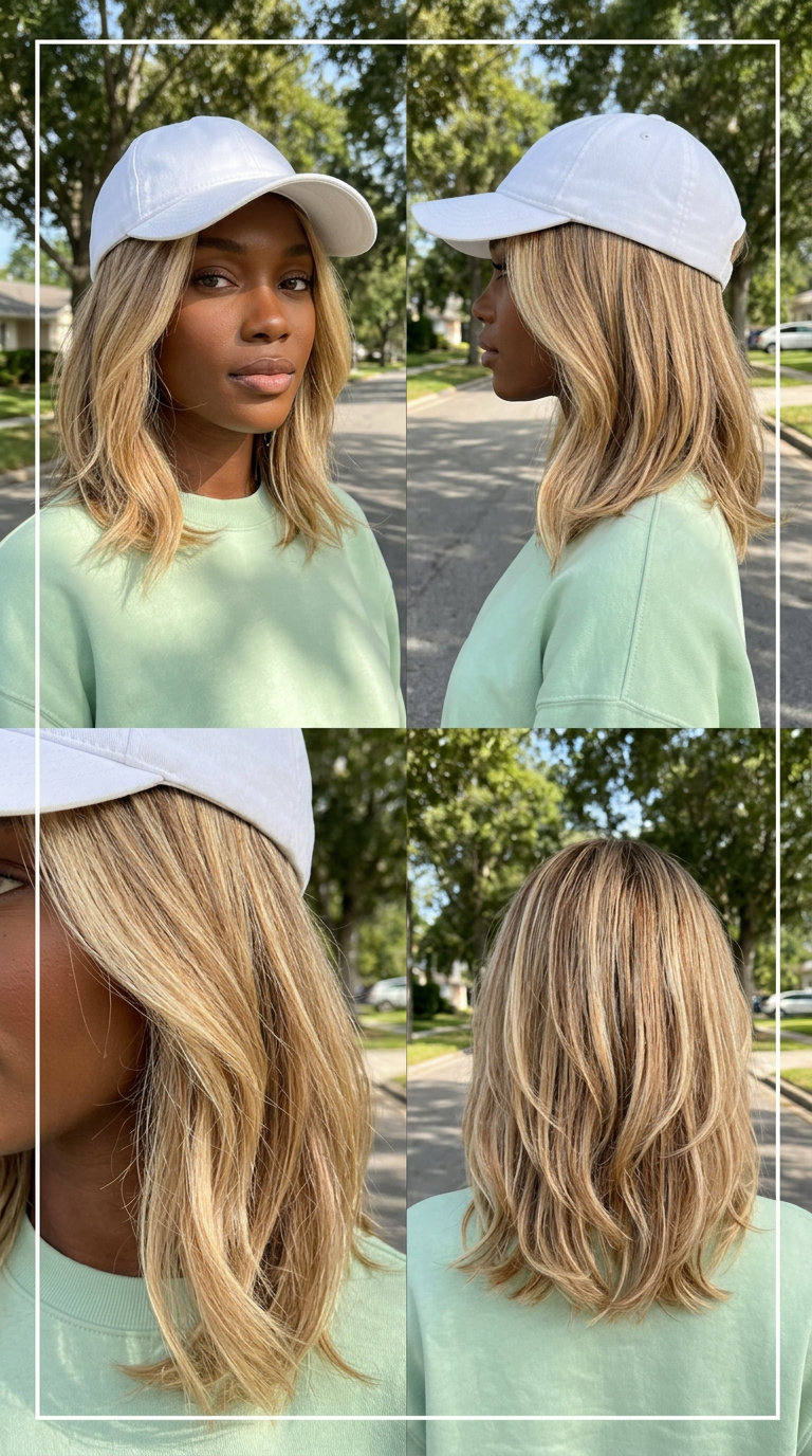 medium lob with buttercream blonde balayage, honey highlights, jawline fringe — casual sporty day