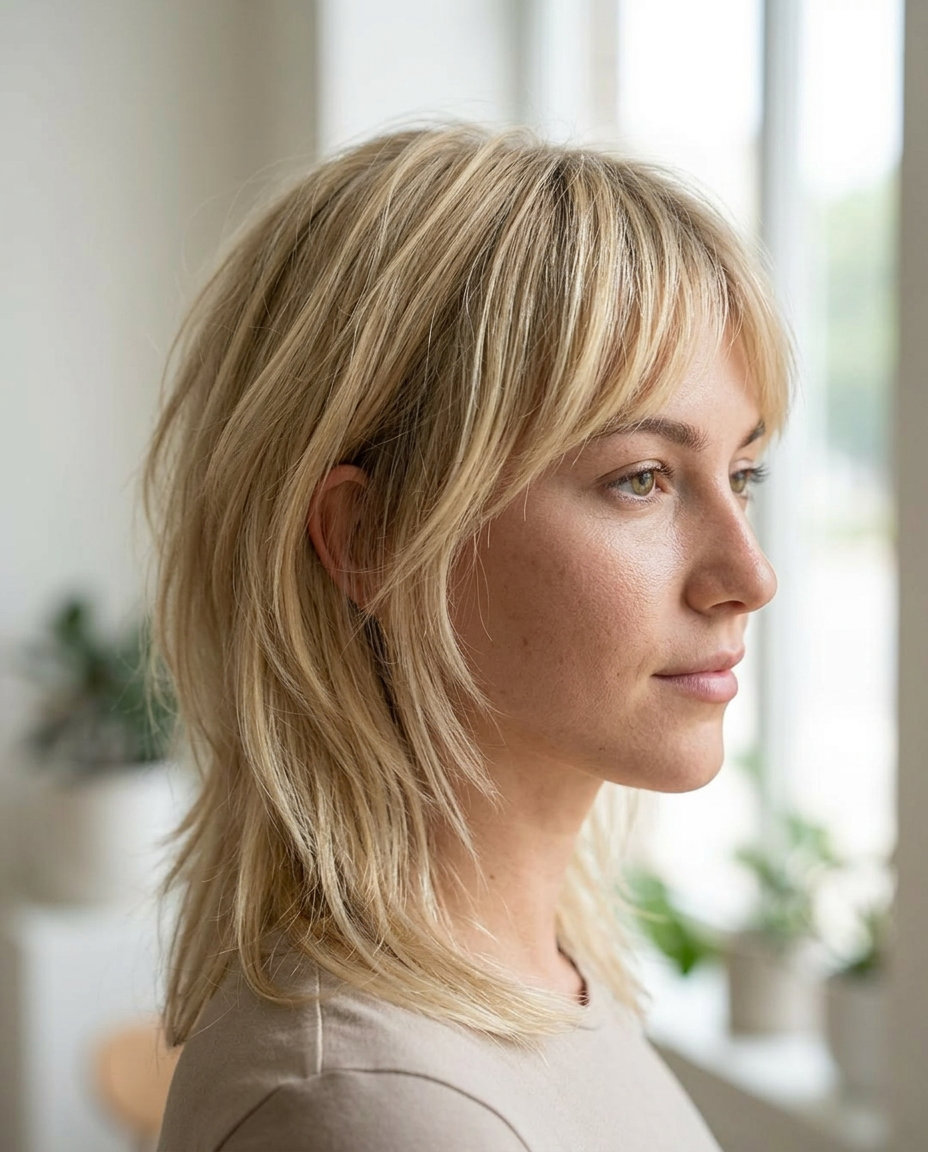 Buttercream Blonde Mullet 2026: Chic & Effortless medium choppy mullet with buttercream blonde, honey babylights, dark vanilla root — soft romantic style