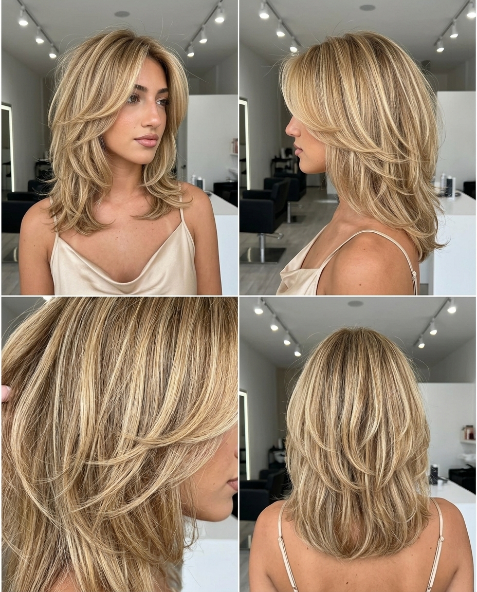 medium shag in buttercream blonde with golden babylights, layered sections, diffused perimeter — effortless bohemian look