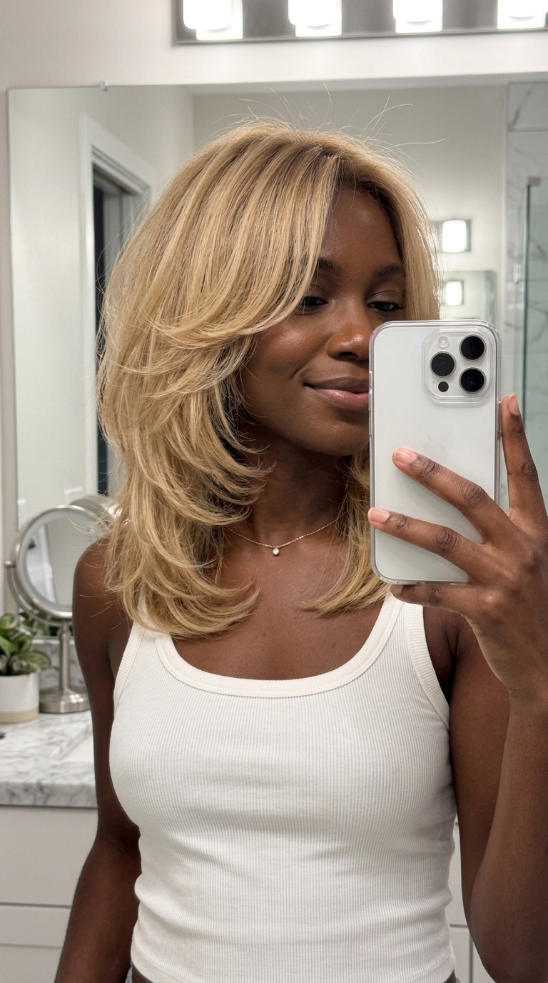 medium shag haircut in warm buttercream blonde with golden babylights and root shadow for summer