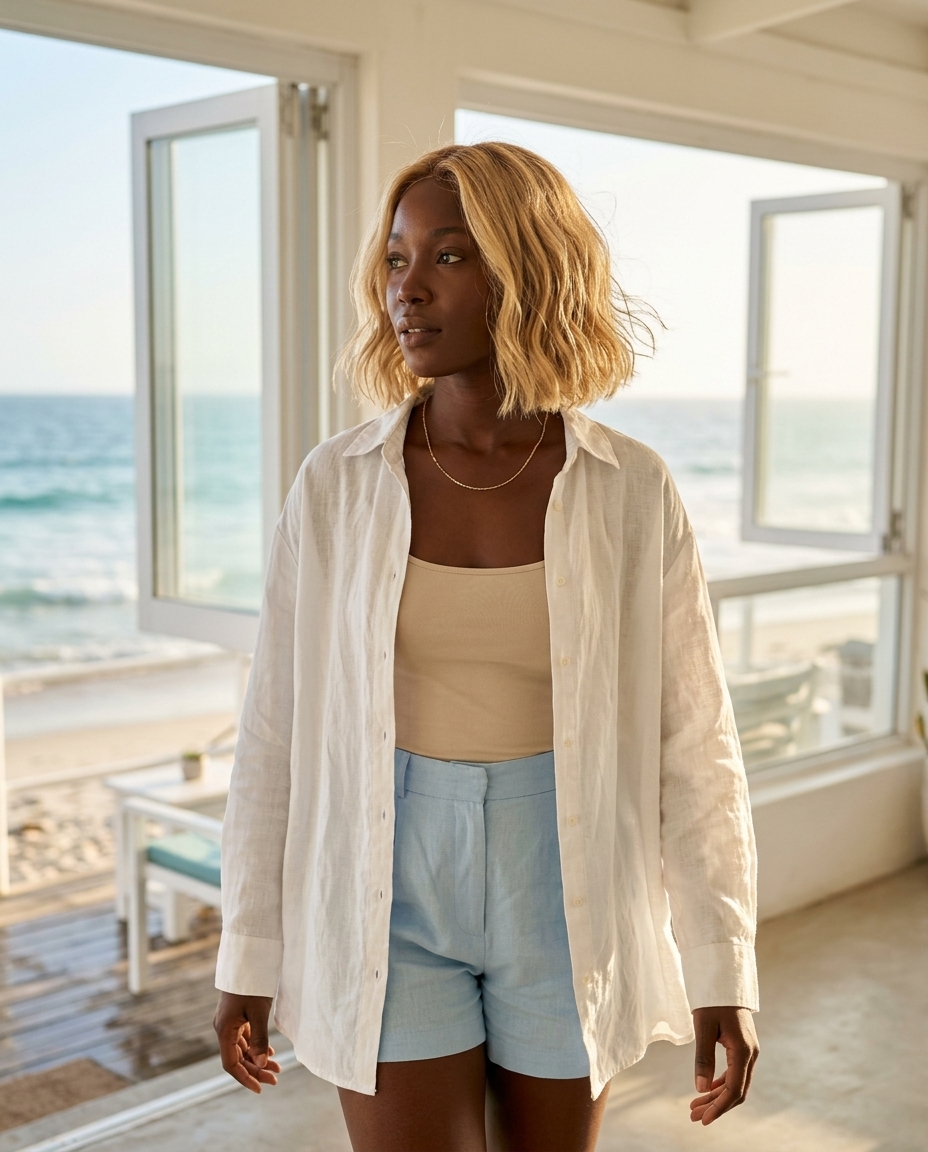 short air-dried bob with buttercream blonde, golden undertones, minimal product — effortless