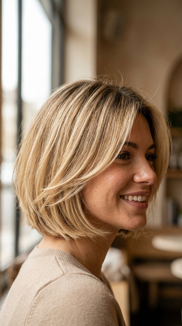 short bixie haircut with warm buttercream blonde, honey babylights, soft root shadow for summer