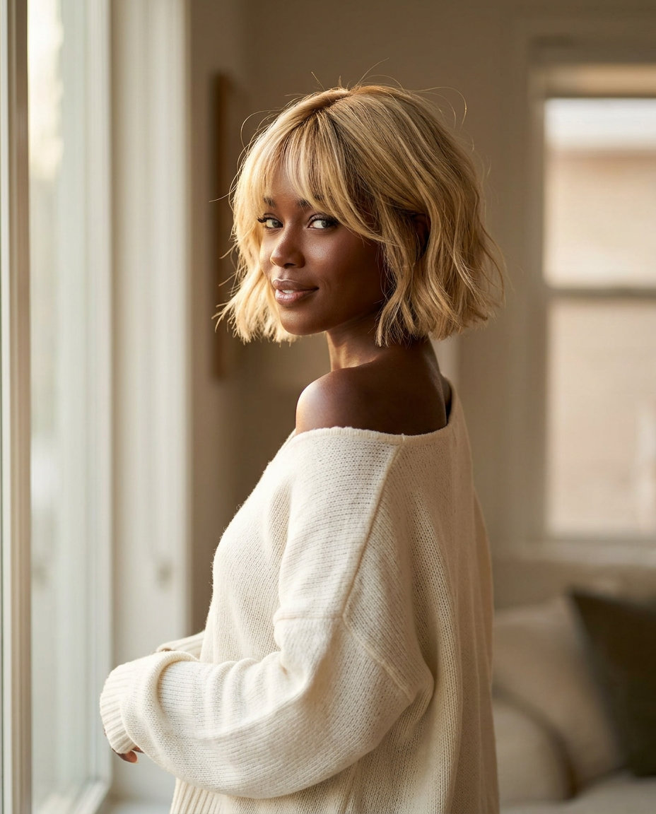 short bob haircut in buttercream blonde with golden babylights, point-cut layers for romantic look