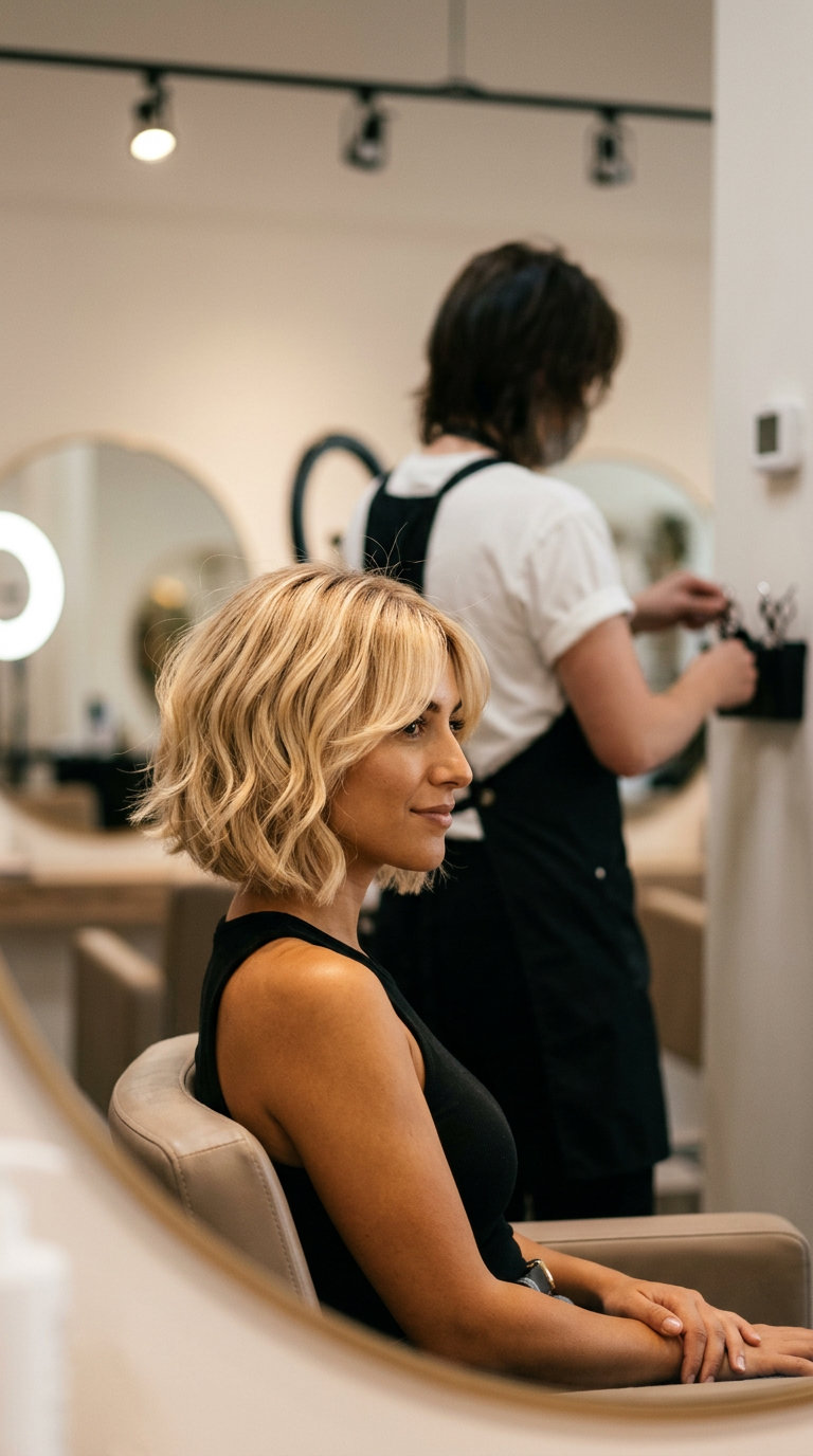 short bob haircut in buttercream blonde with golden babylights, rounded shape for romantic look