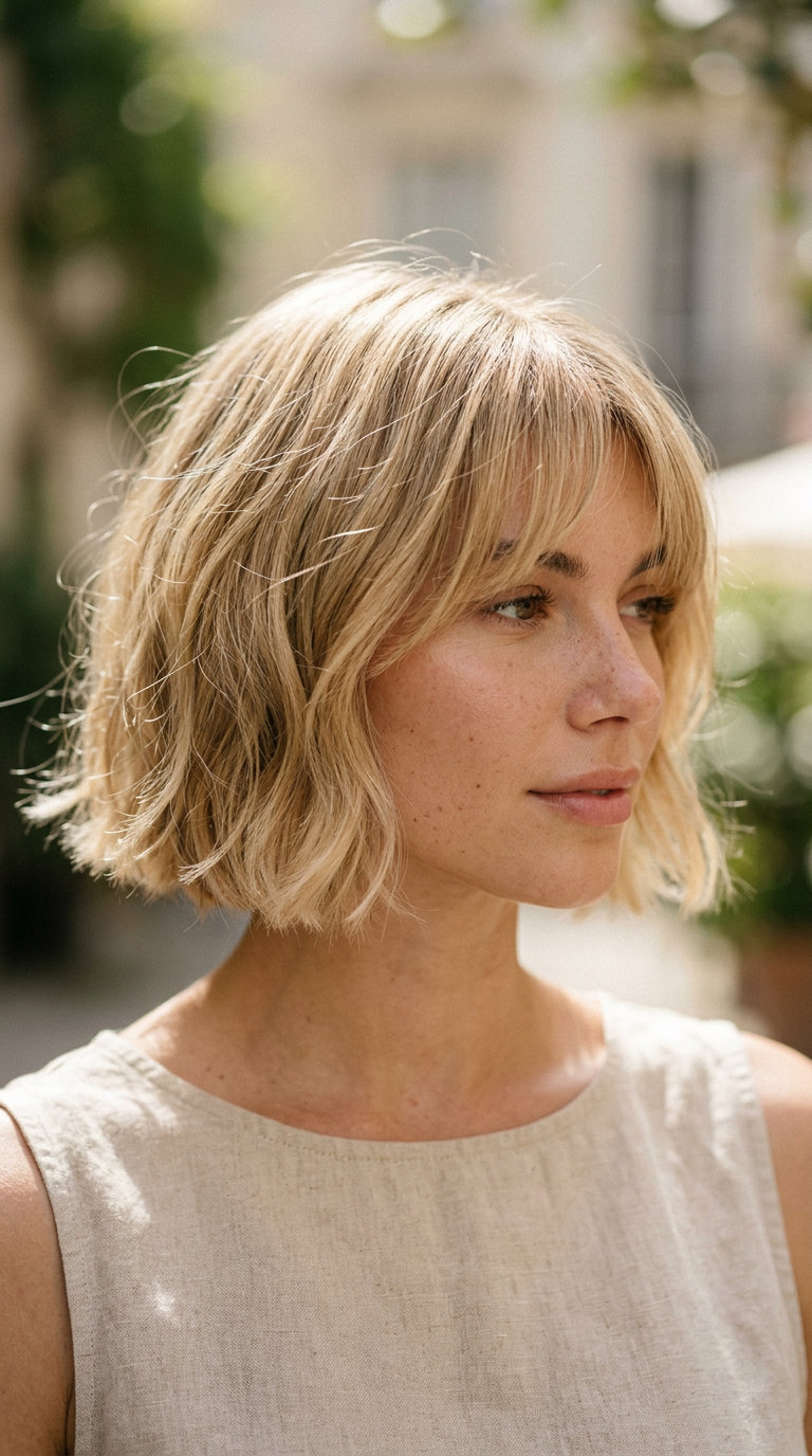 short french bob with buttercream blonde color and wispy bangs — romantic, feminine