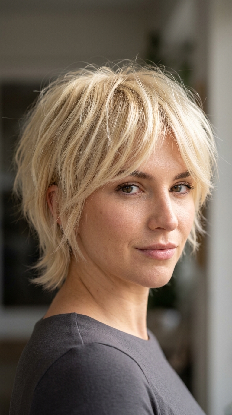 short pixie shag in buttercream blonde with golden face-framing, choppy layers, micro-fringe — edgy playful style