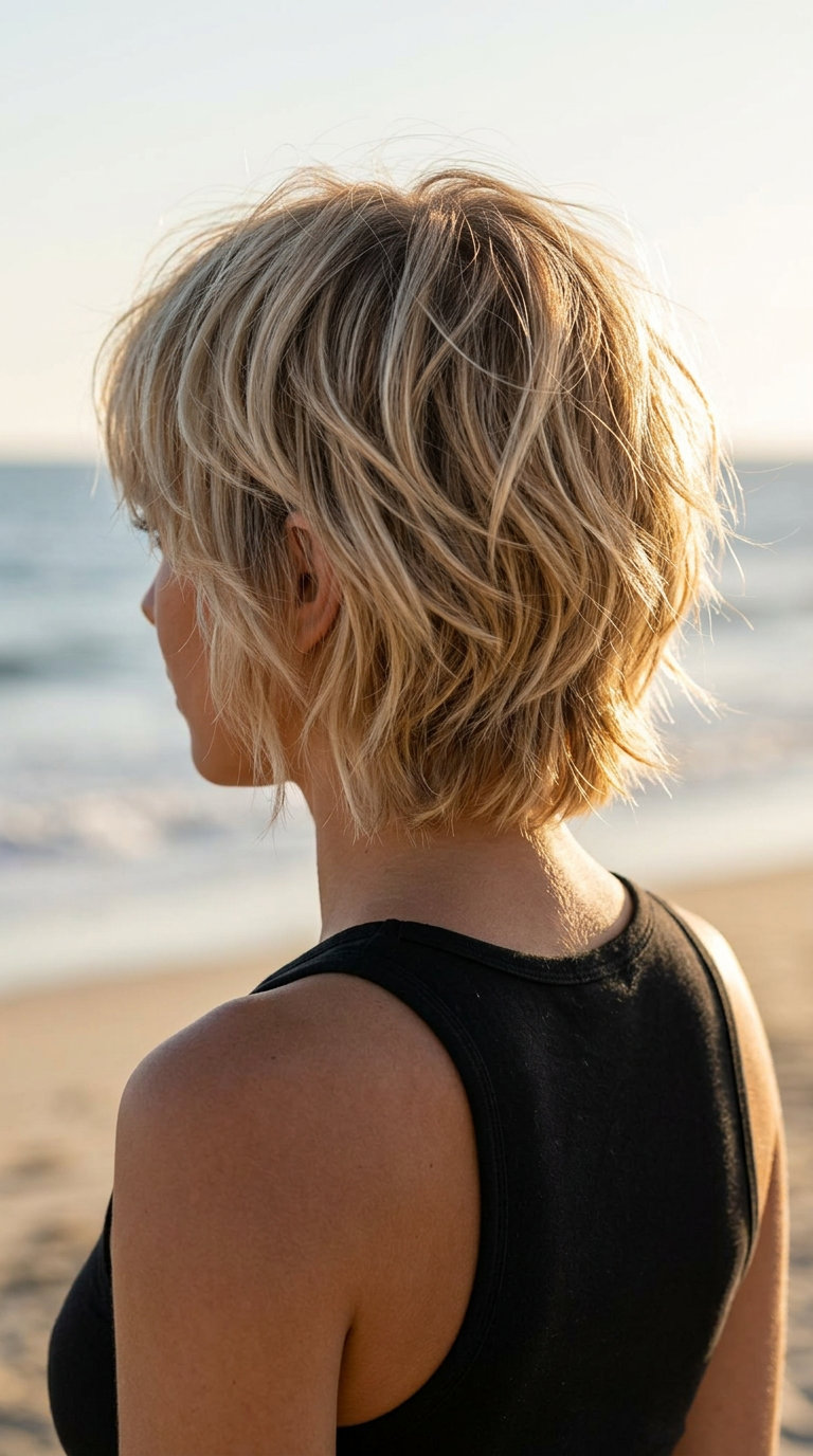 short shag haircut in buttercream blonde with honey lowlights and textured fringe for festivals