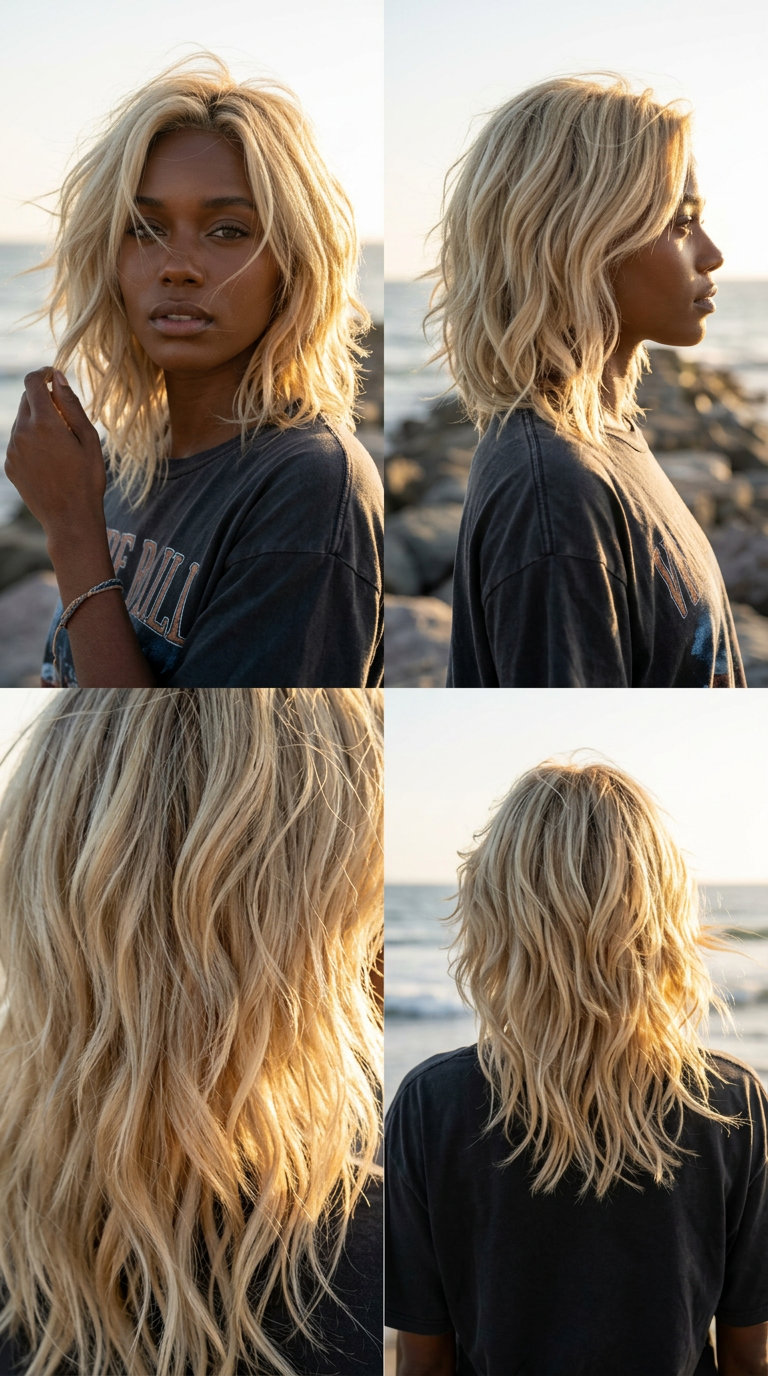 shoulder-length shag haircut with buttercream blonde, honey lowlights, and vanilla highlights, effortless sun-kissed waves for weekend getaway