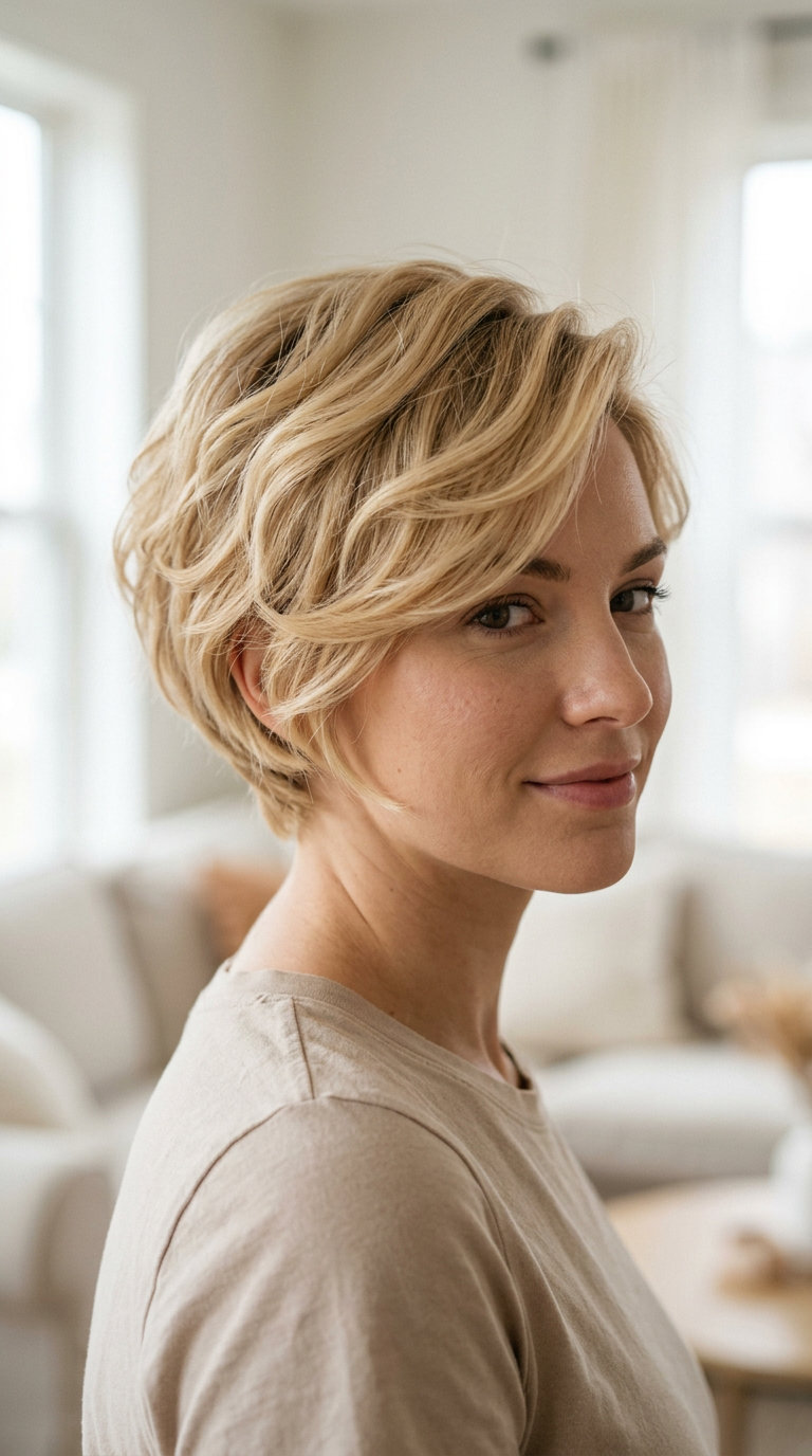 very short pixie haircut in Buttercream Blonde with petal layers and wispy fringe for romantic softness