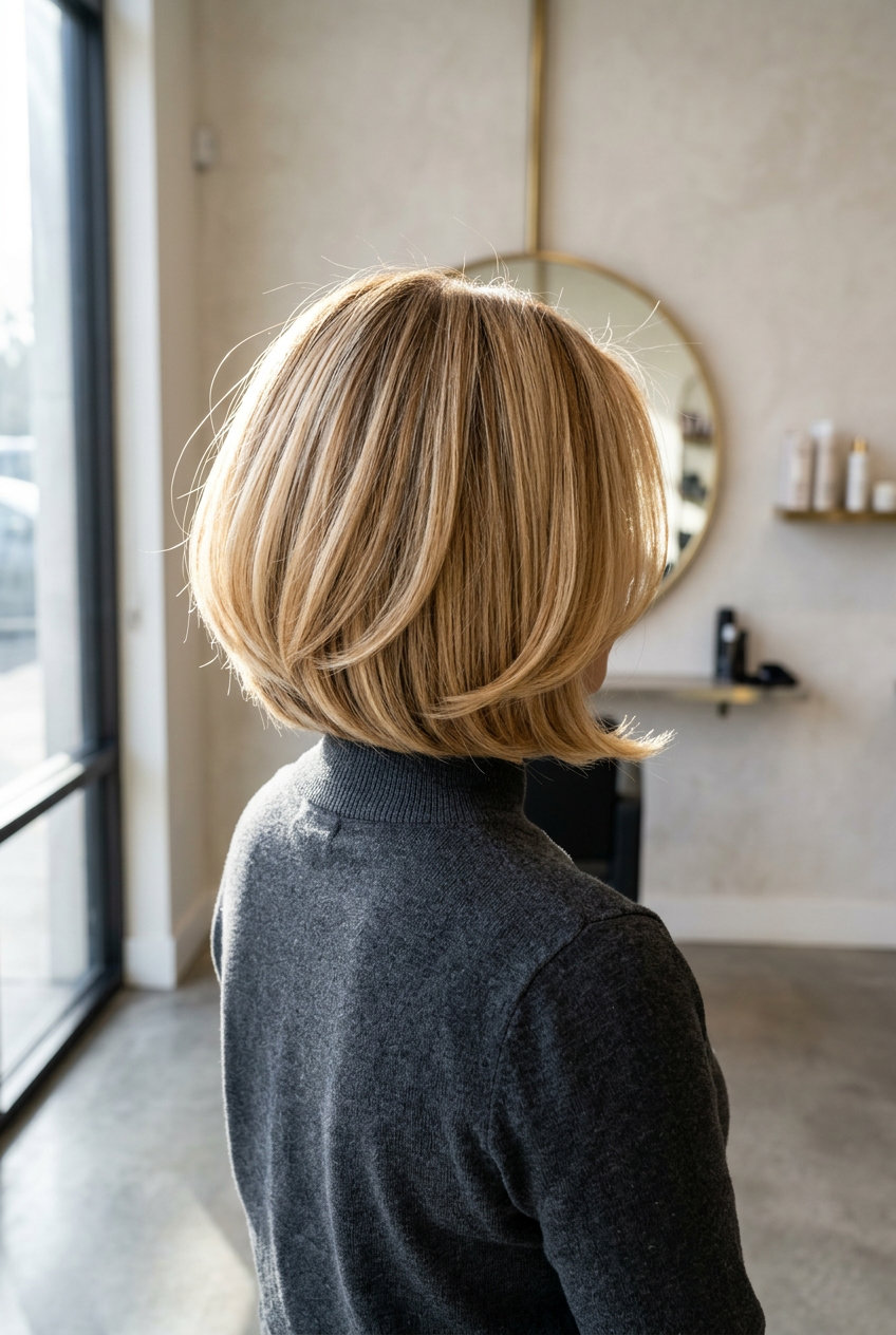 chin-length bob haircut with buttercream blonde and golden lowlights for summer