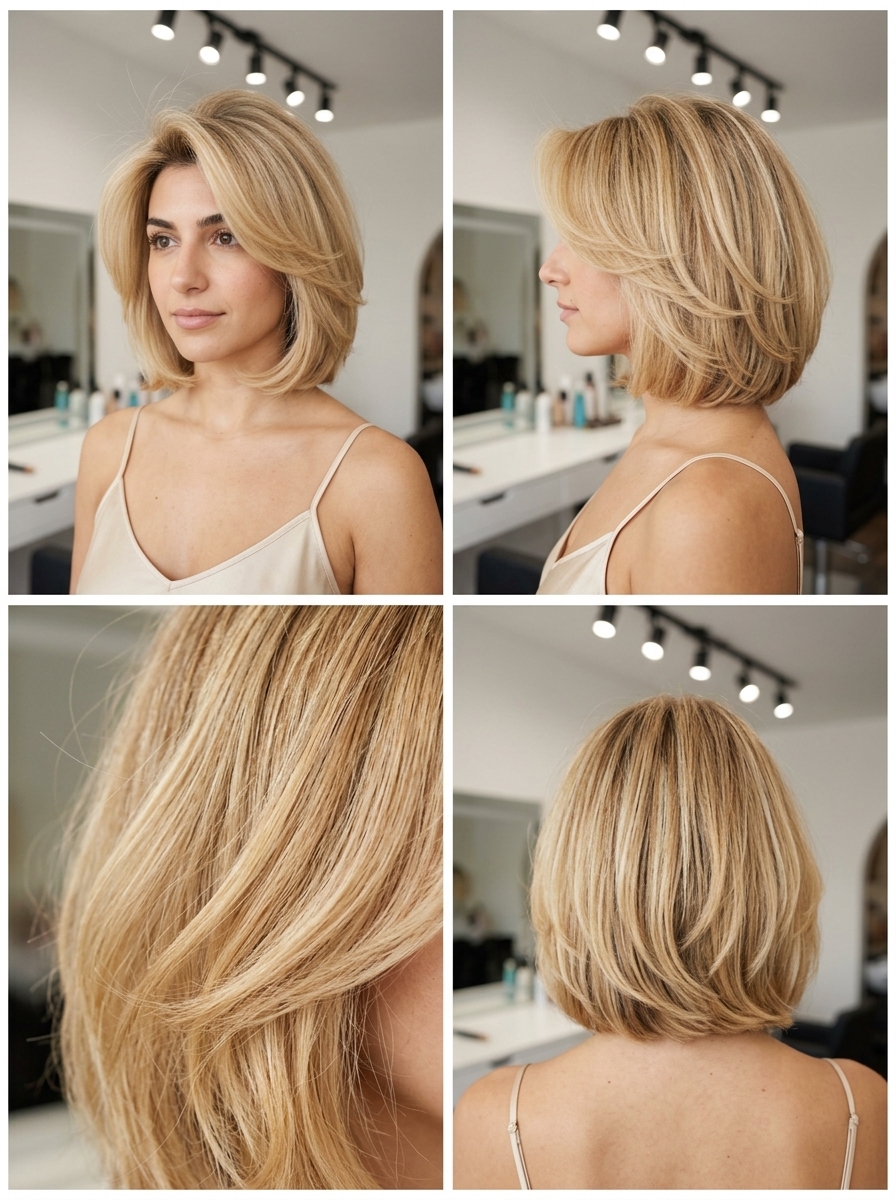 chin-length wolf cut with buttercream blonde & honey babylights, heavy crown layers, wispy fringe — playful