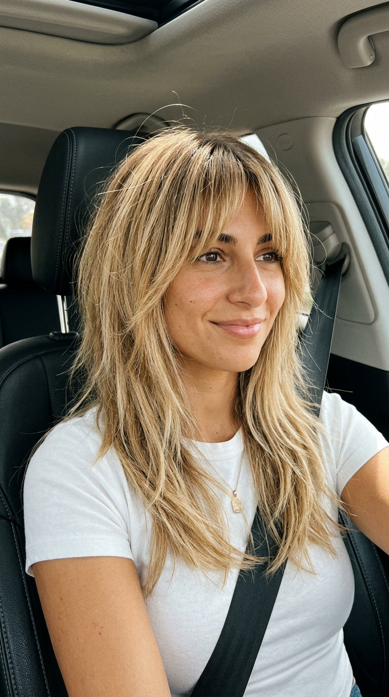 Collarbone-length shag haircut in buttercream blonde with sandy brown base, heavy internal layers, curtain bangs — playful boho