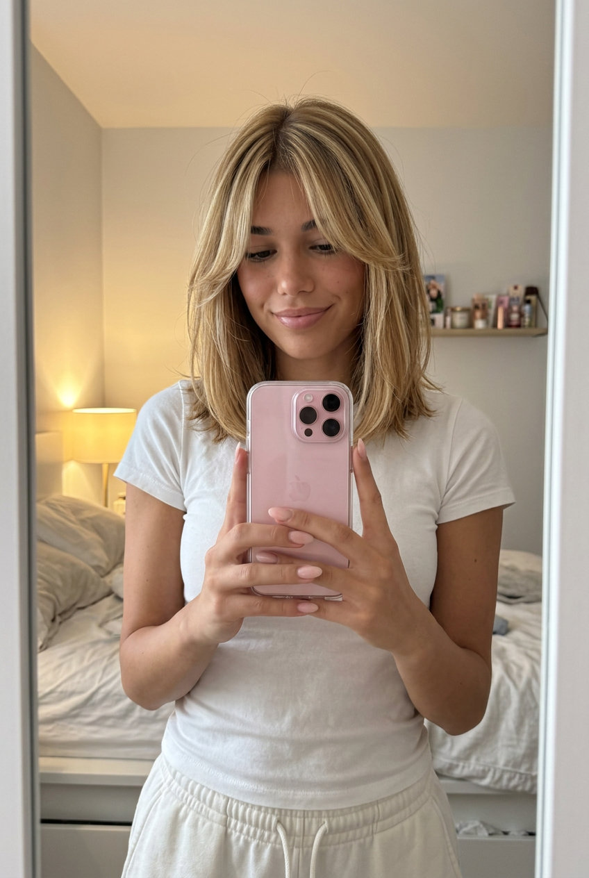 medium lob haircut with buttercream highlights, soft layers, and curtain fringe for summer
