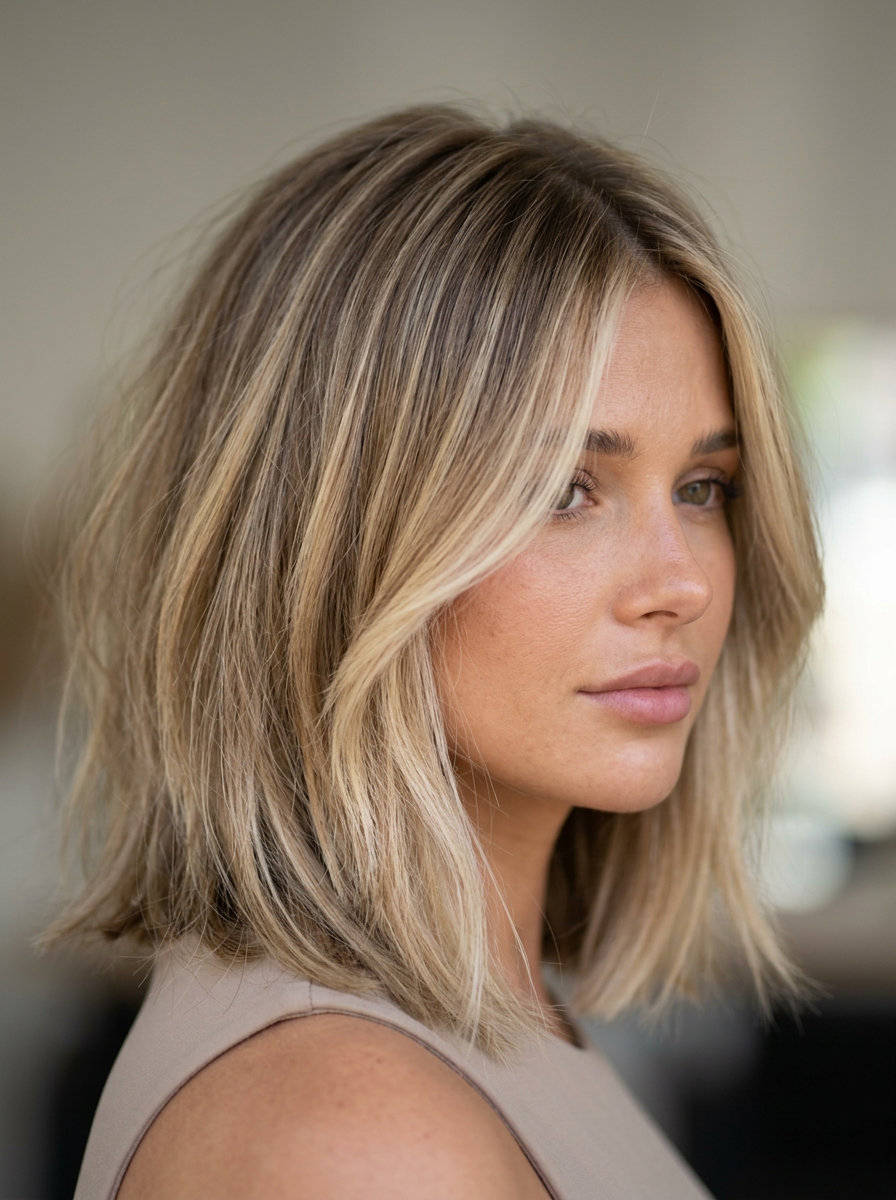 medium textured lob haircut with buttercream highlights, face-framing layers, and no bangs for summer