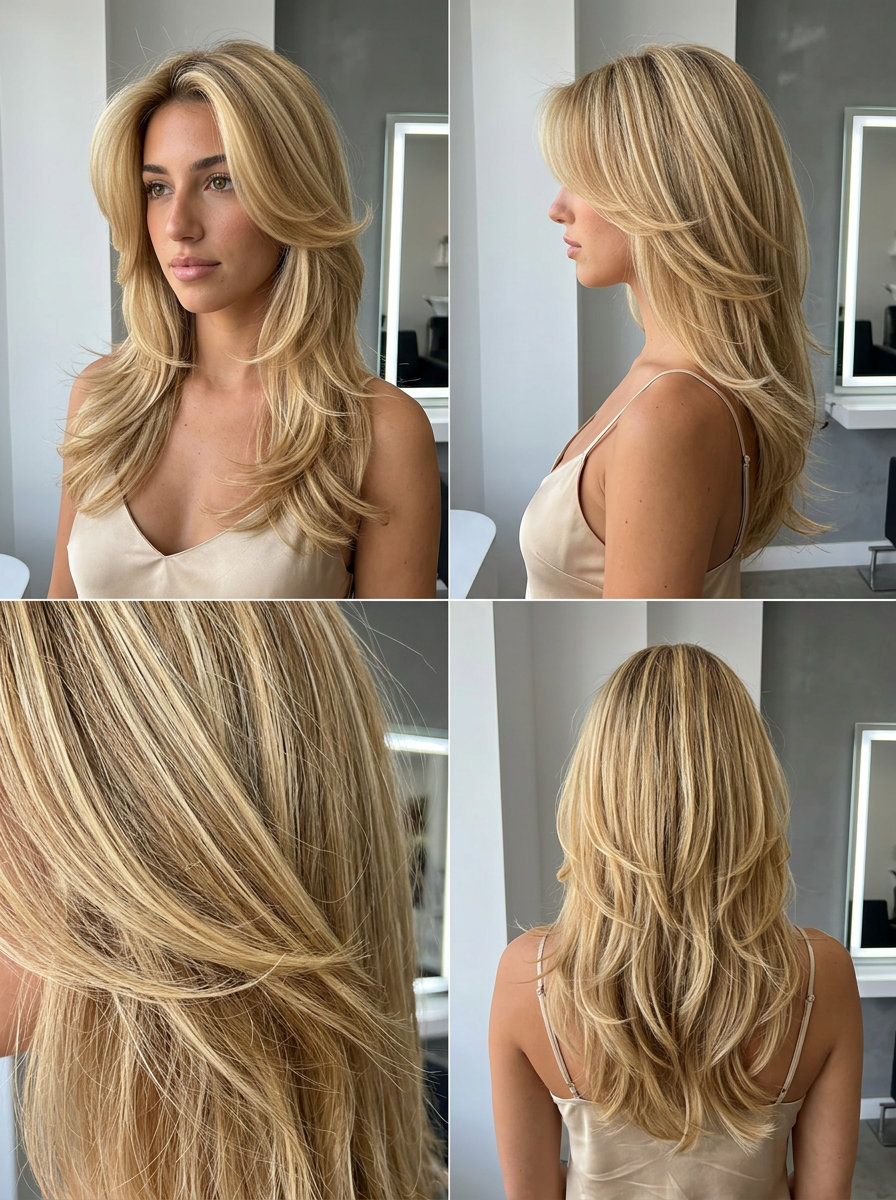 long layered butterfly haircut in warm buttercream blonde with honey blonde base for date night