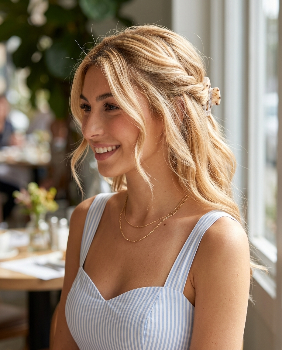 long buttercream blonde half-up twist with apricot crush highlights for summer