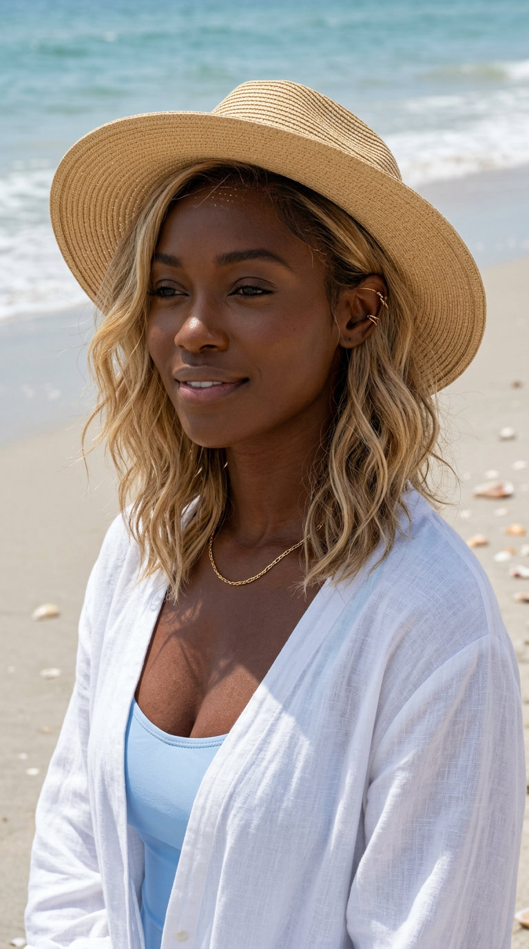 long buttercream blonde wavy hairstyle with golden babylights and sandy tones, tousled beach waves with sea salt spray for summer