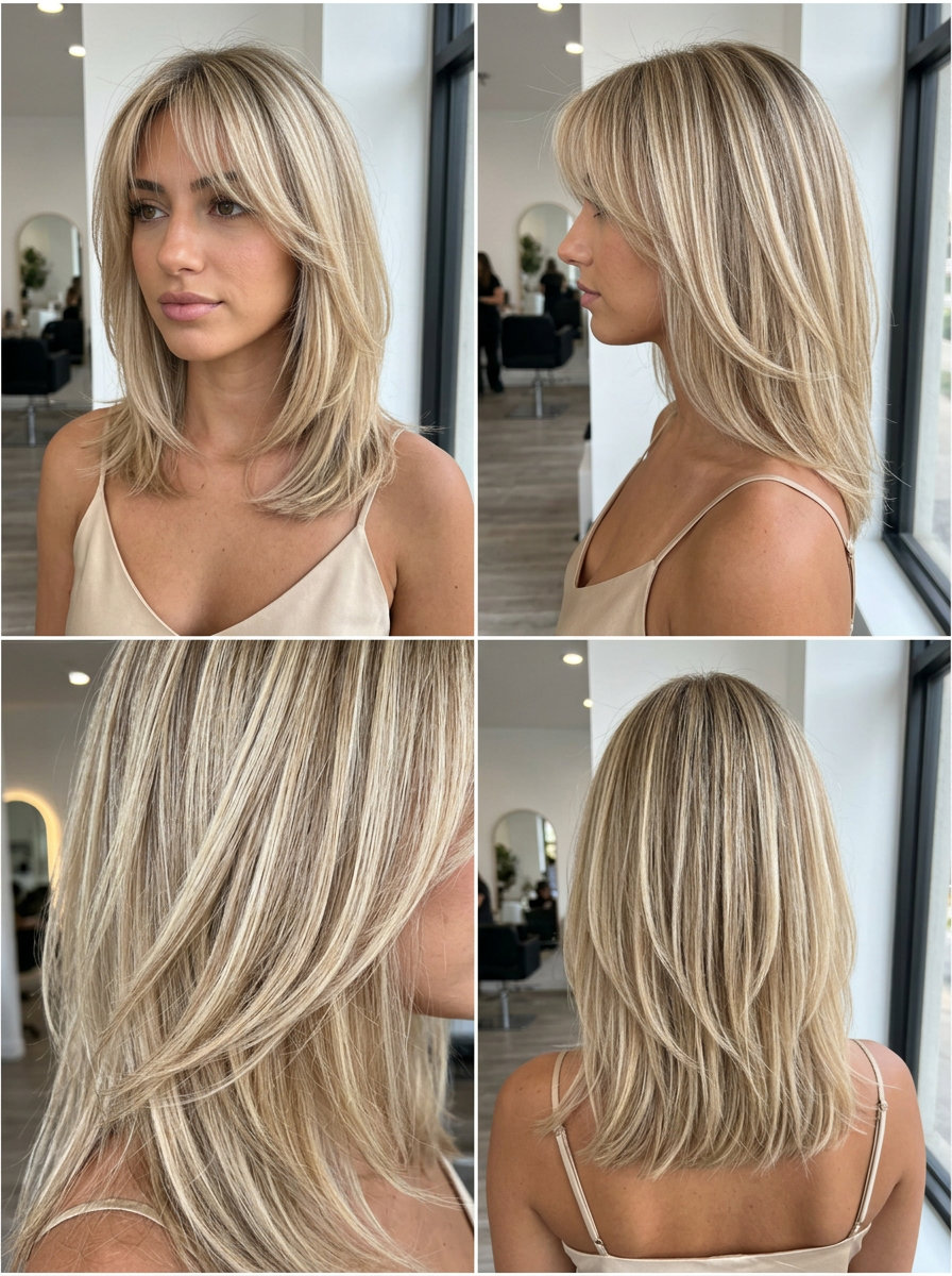 medium-length buttercream blonde hair with champagne tones, babylights, and wispy bangs for retro glamour