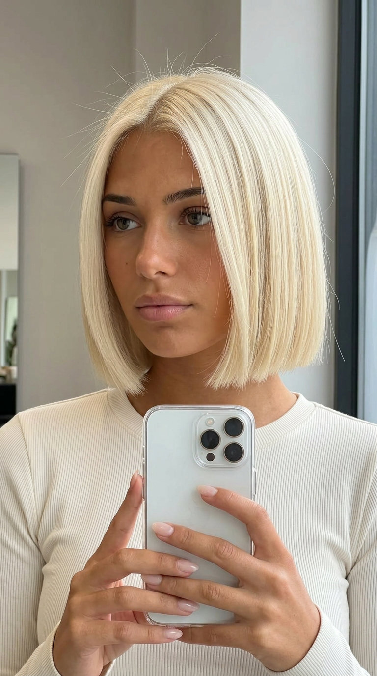 short blunt micro bob haircut in buttercream platinum blonde with sharp perimeter for glamour