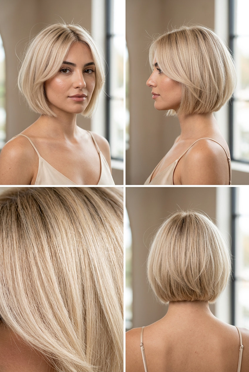 short buttercream platinum micro bob with vanilla tones, point-cut ends — ethereal