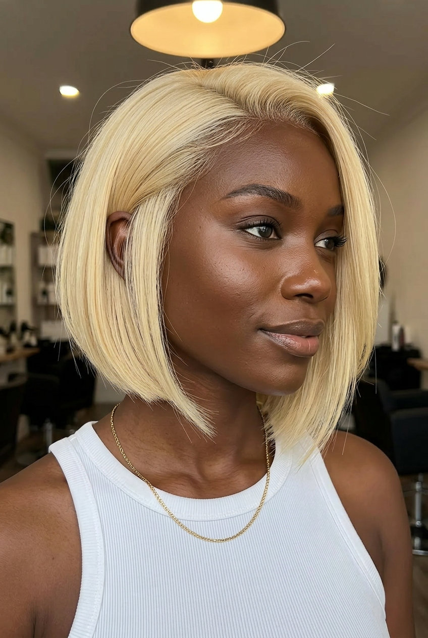short buttercream blonde hair with an asymmetrical bob for edgy sophistication
