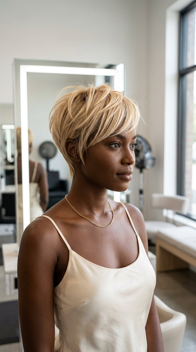 very short buttercream blonde pixie haircut with global bleach, edgy mood