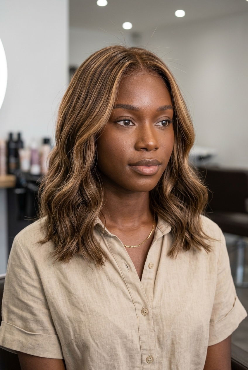 Butterscotch Babylights on Brunette 2026 long layered medium brunette with butterscotch babylights, soft golden blonde for casual chic