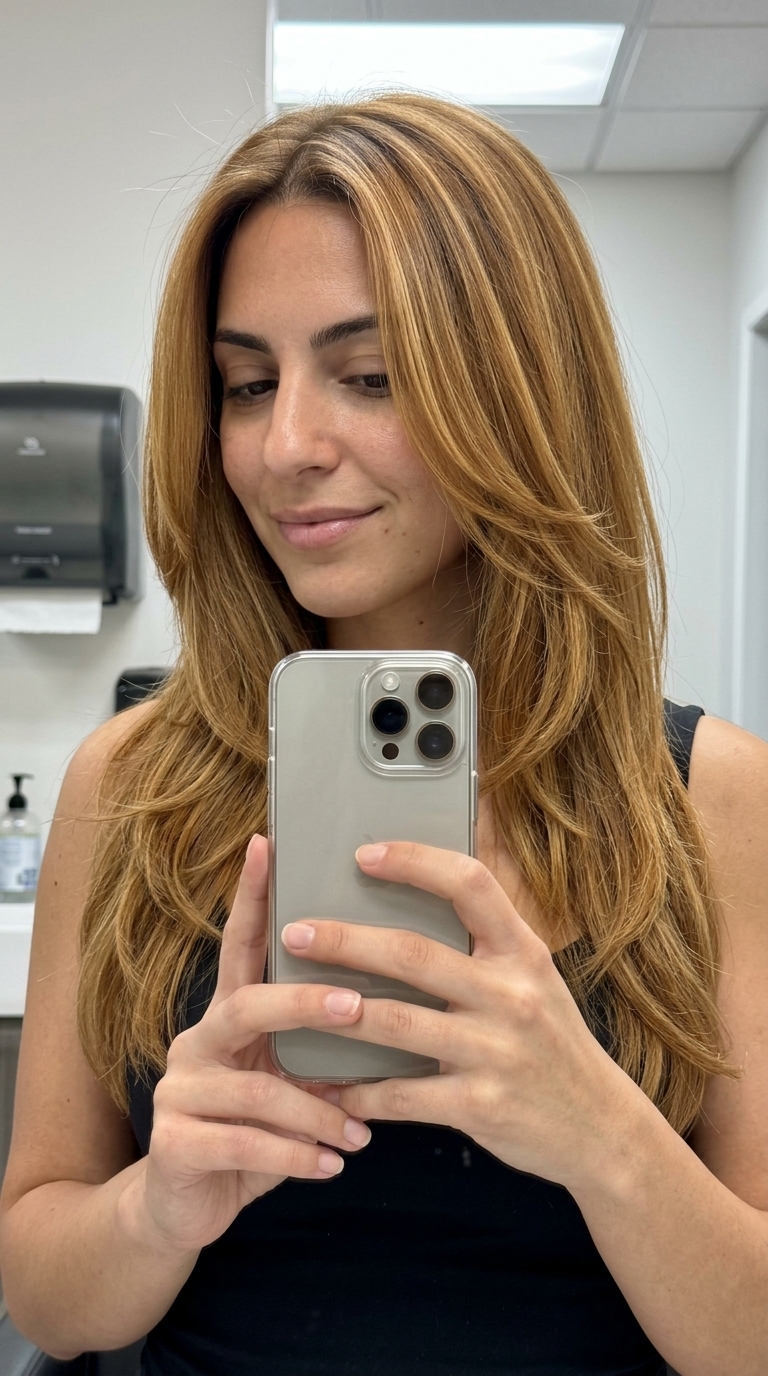 long cascading layered haircut in deep butterscotch gold with caramel highlights for formal event